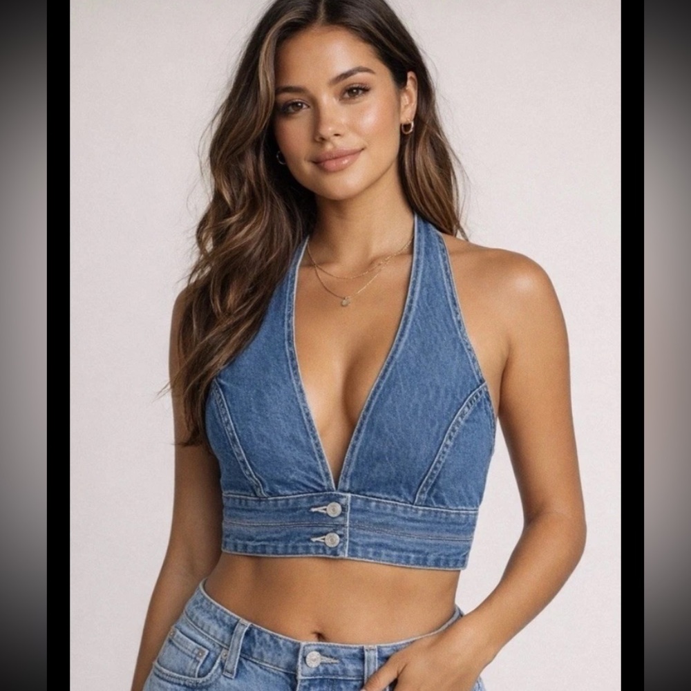 Levi's DAISY Denim JEAN Cowgirl Crop Top HALTER Stretch S110786 SIZE Large NWT